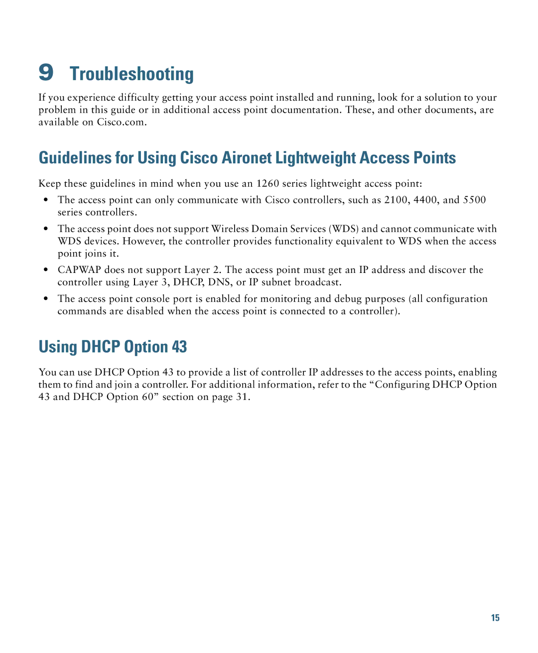 Cisco Systems 1260 specifications Troubleshooting, Using Dhcp Option 