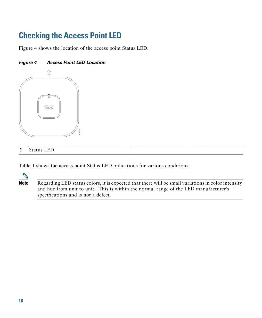 Cisco Systems 1260 specifications Checking the Access Point LED, Shows the location of the access point Status LED 