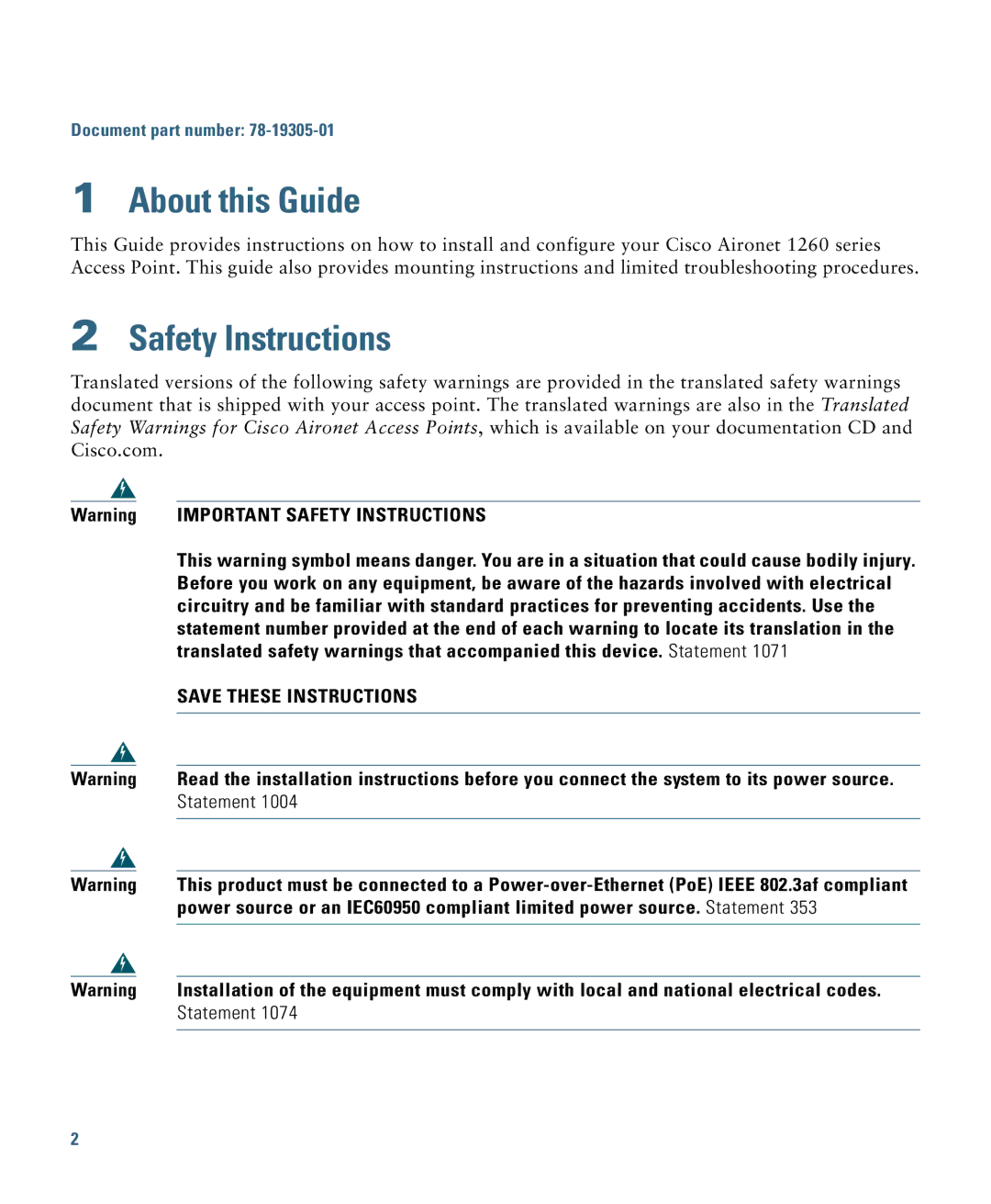 Cisco Systems 1260 specifications About this Guide, Safety Instructions 