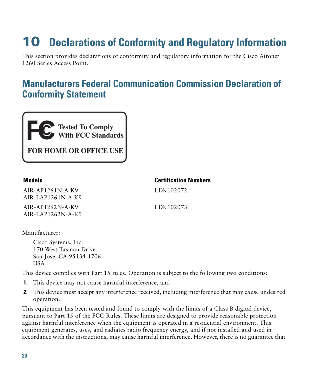 Cisco Systems 1260 specifications Declarations of Conformity and Regulatory Information 