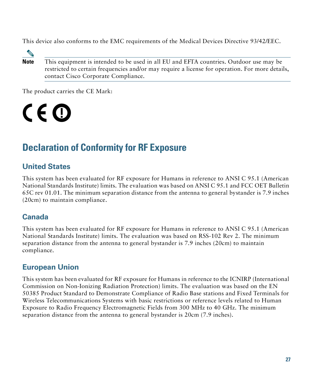 Cisco Systems 1260 specifications Declaration of Conformity for RF Exposure, United States 