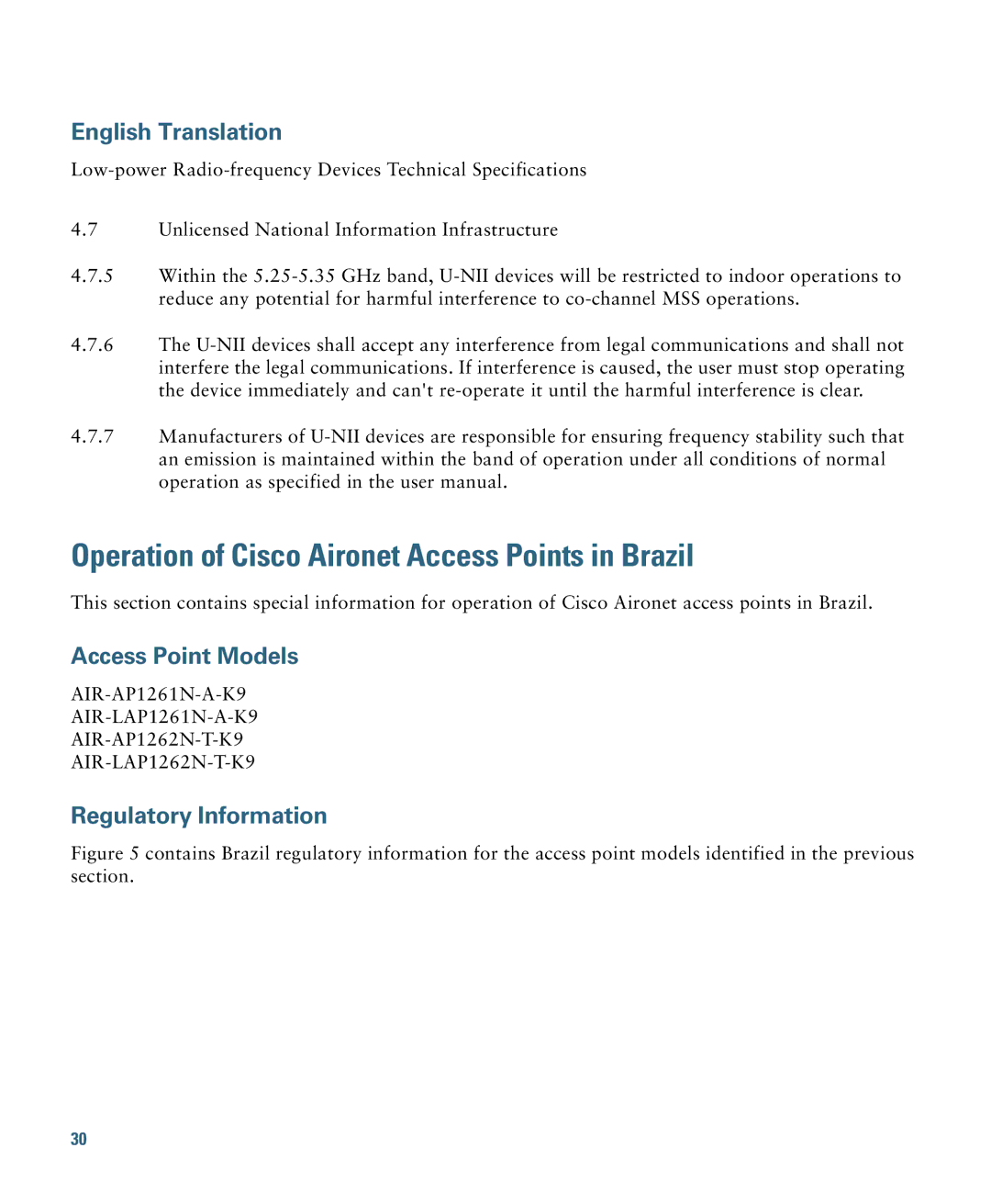 Cisco Systems 1260 specifications Operation of Cisco Aironet Access Points in Brazil 