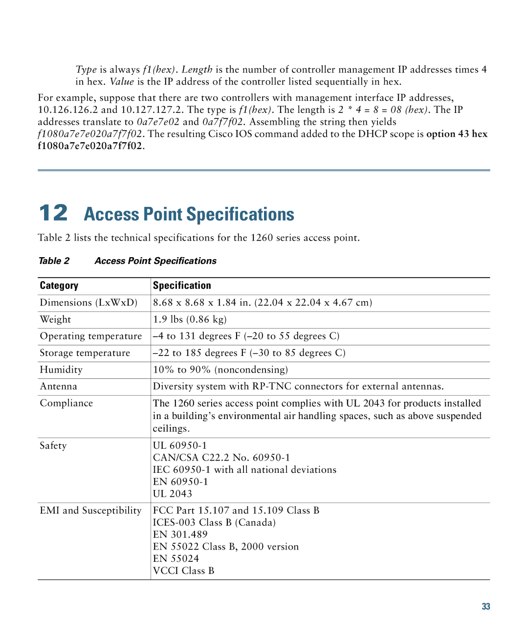 Cisco Systems 1260 specifications Access Point Specifications, Category Specification 