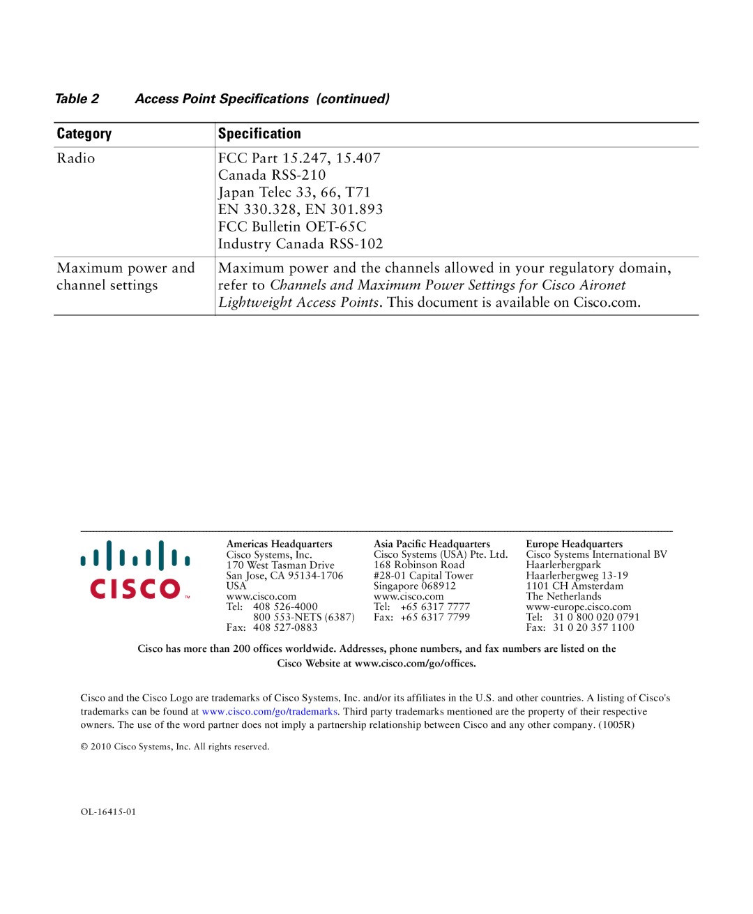 Cisco Systems 1260 specifications Access Point Specifications 