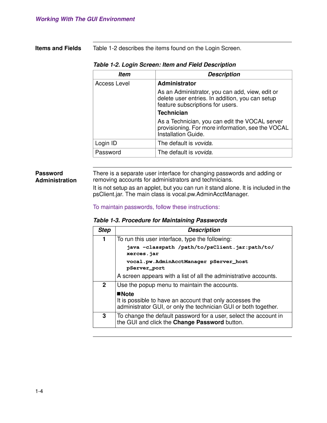 Cisco Systems 1.3.0 manual Password Administration, Login Screen Item and Field Description, Administrator, Technician 