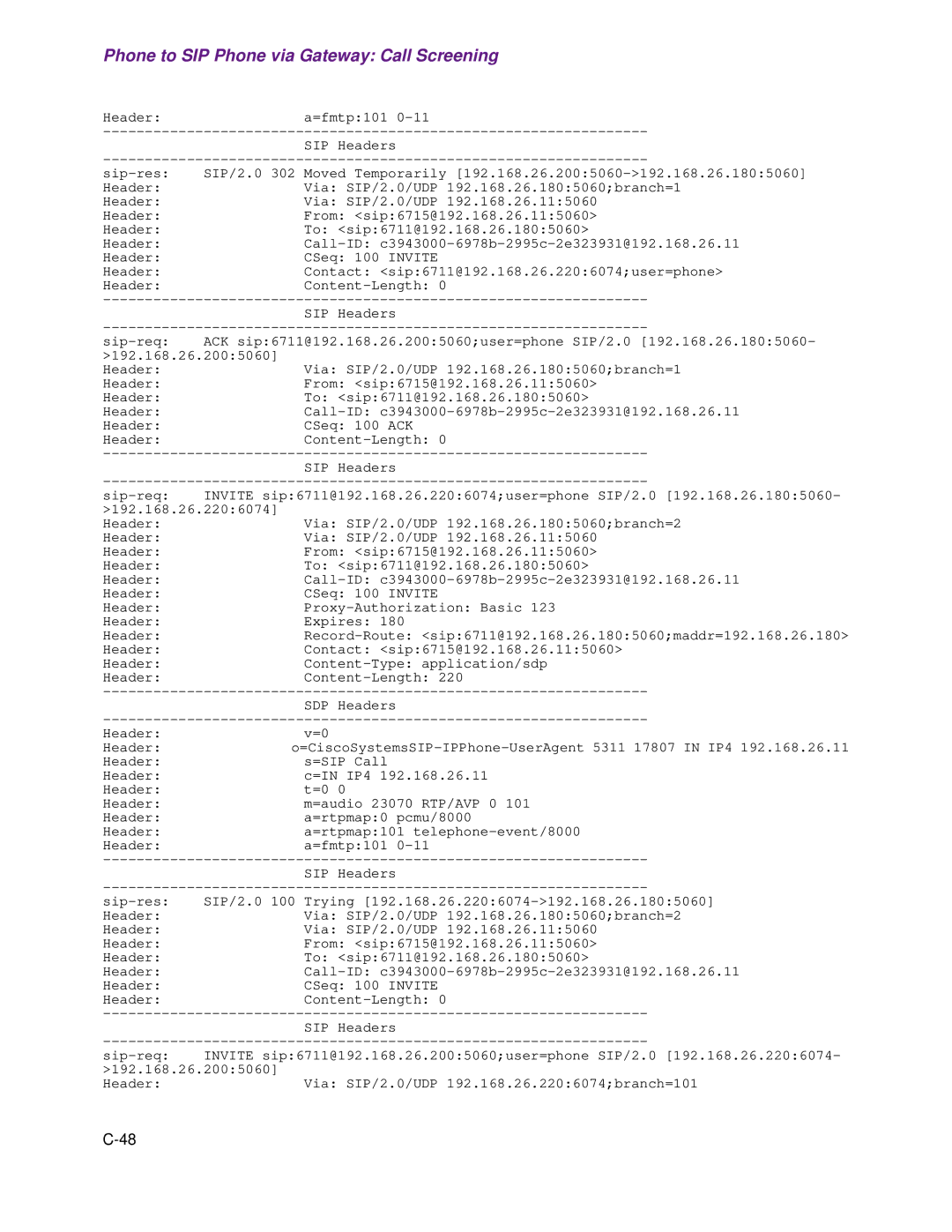 Cisco Systems 1.3.0 manual Phone to SIP Phone via Gateway Call Screening 