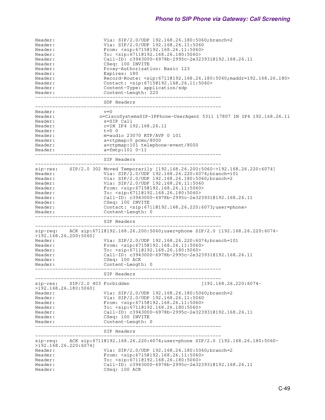 Cisco Systems 1.3.0 manual Phone to SIP Phone via Gateway Call Screening 