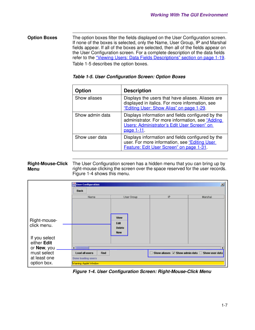 Cisco Systems 1.3.0 manual User Configuration Screen Option Boxes, User Configuration Screen Right-Mouse-Click Menu 