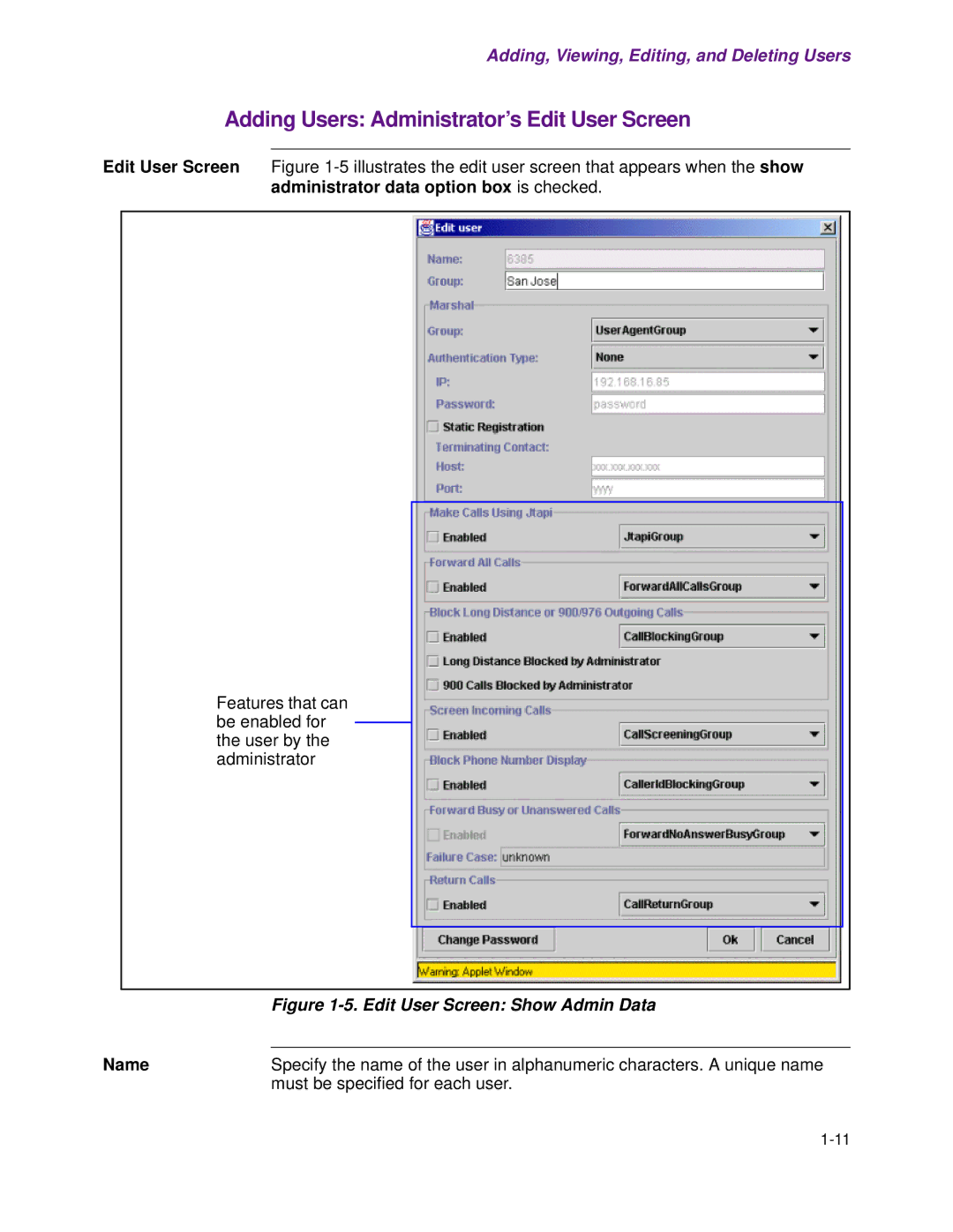 Cisco Systems 1.3.0 manual Adding Users Administrator’s Edit User Screen 