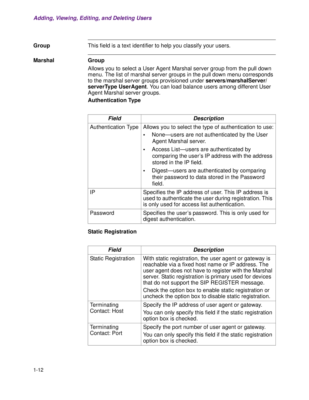 Cisco Systems 1.3.0 manual MarshalGroup, Authentication Type, Field Description, Static Registration 