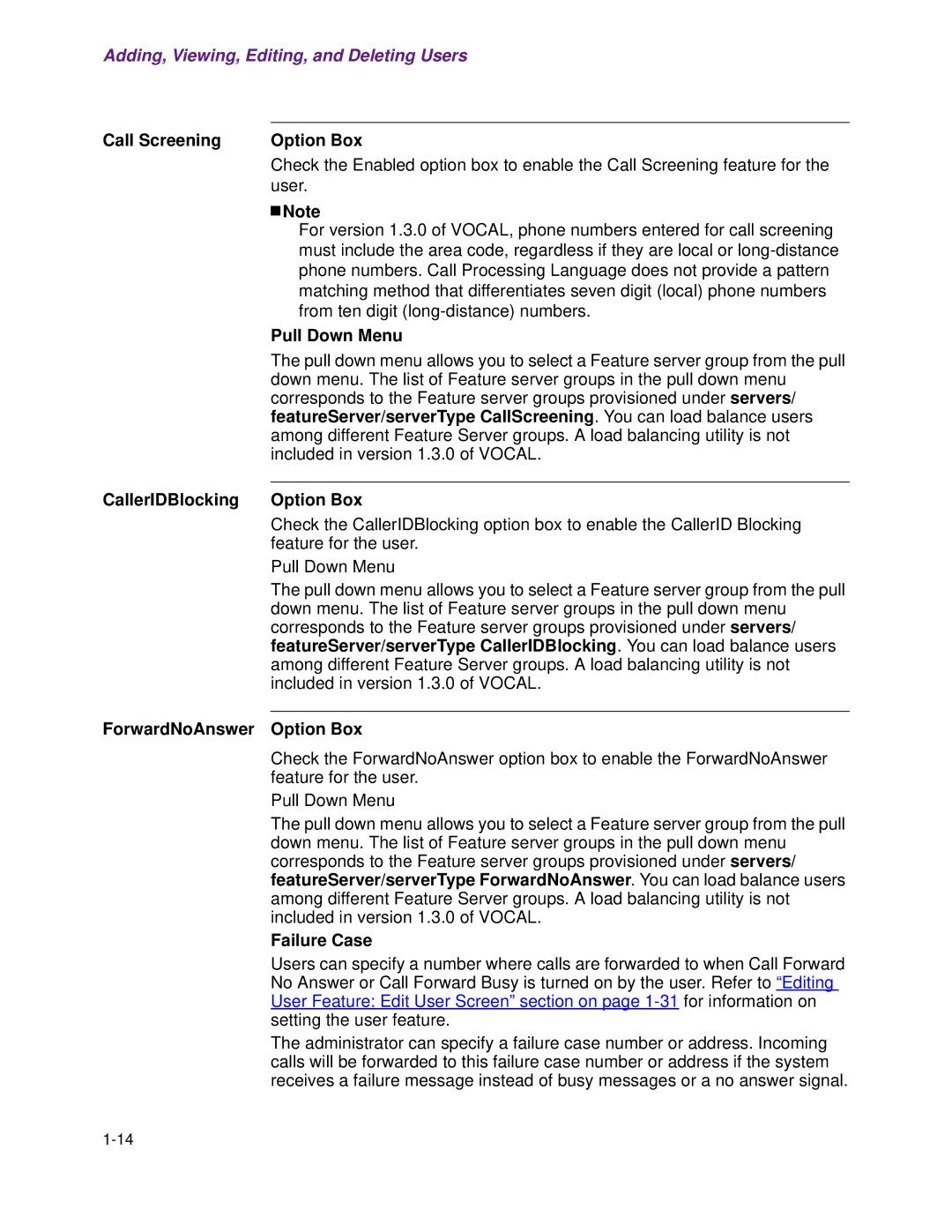 Cisco Systems 1.3.0 manual Call Screening Option Box, CallerIDBlocking Option Box, ForwardNoAnswer Option Box, Failure Case 