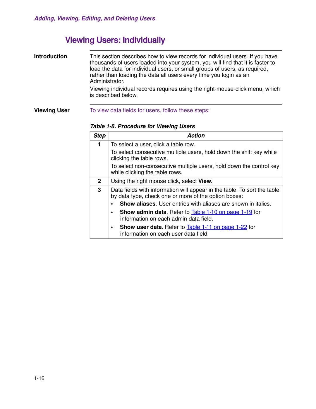 Cisco Systems 1.3.0 manual Viewing Users Individually, Procedure for Viewing Users, Action 