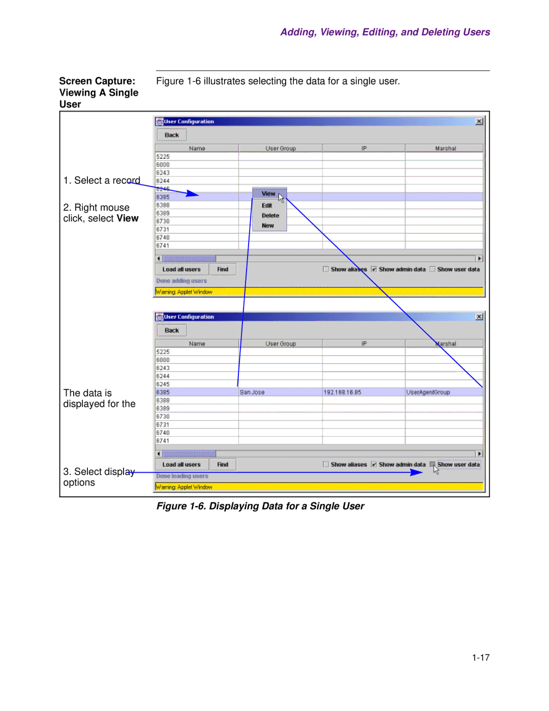 Cisco Systems 1.3.0 manual Viewing a Single User, Displaying Data for a Single User 