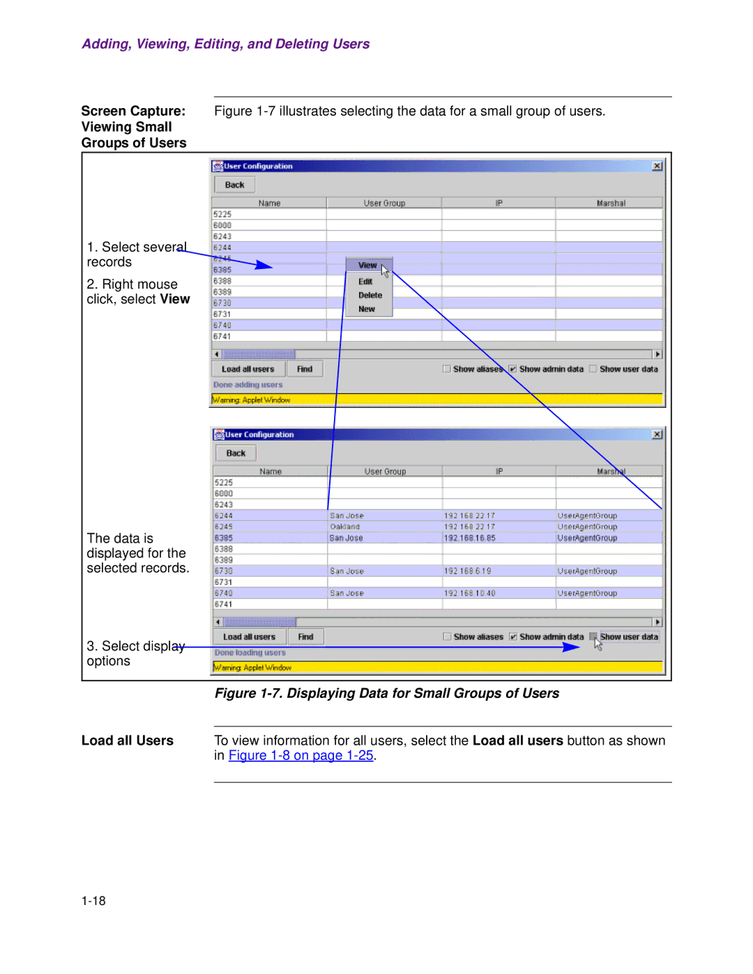 Cisco Systems 1.3.0 manual Viewing Small Groups of Users, Displaying Data for Small Groups of Users 