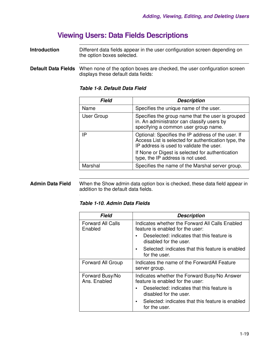 Cisco Systems 1.3.0 manual Viewing Users Data Fields Descriptions, Default Data Field, Admin Data Fields 