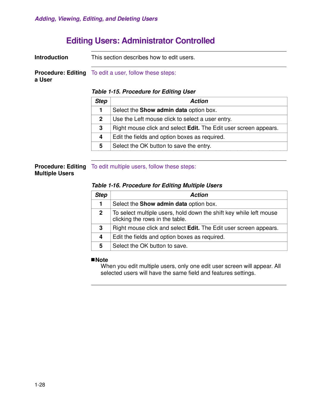 Cisco Systems 1.3.0 manual Editing Users Administrator Controlled, Procedure for Editing Multiple Users Step 