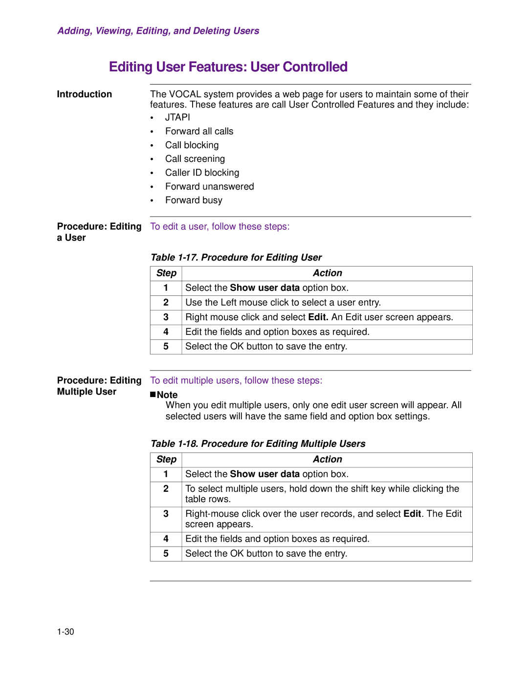 Cisco Systems 1.3.0 manual Editing User Features User Controlled, Procedure for Editing Multiple Users Step 