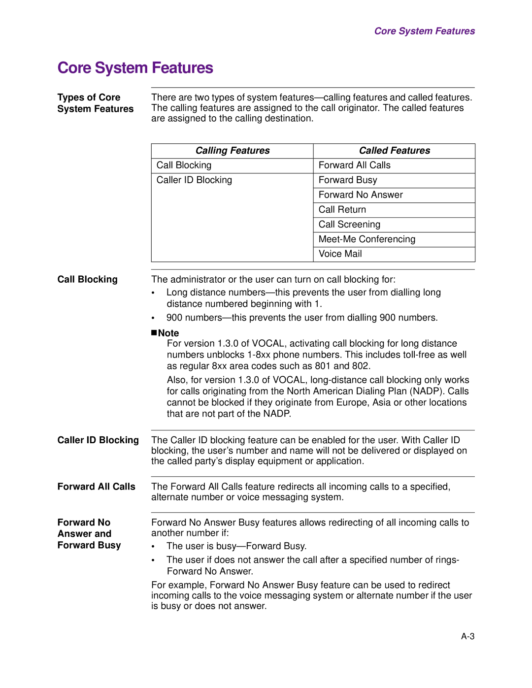 Cisco Systems 1.3.0 manual Core System Features, Calling Features Called Features 