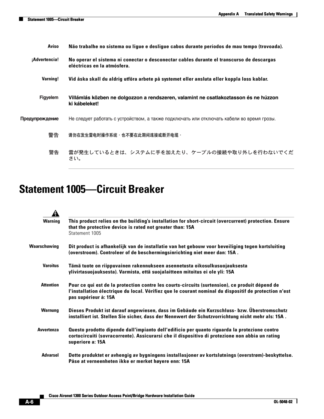 Cisco Systems 1300 Series manual Statement 1005-Circuit Breaker 