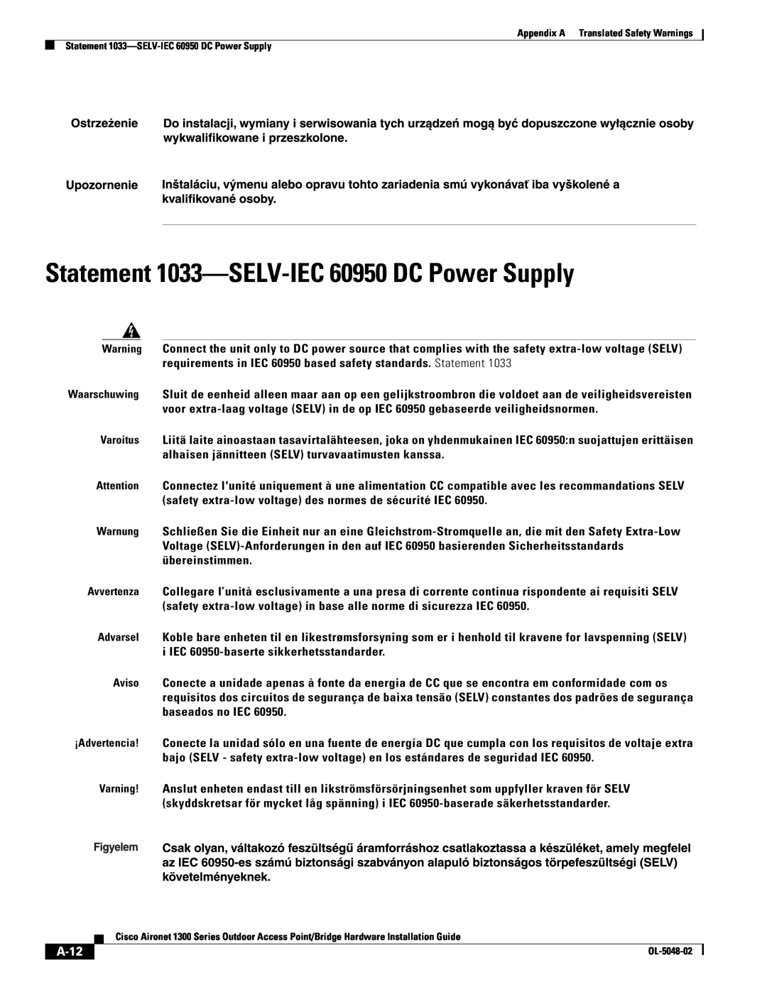 Cisco Systems 1300 Series manual Statement 1033-SELV-IEC 60950 DC Power Supply, A-12 
