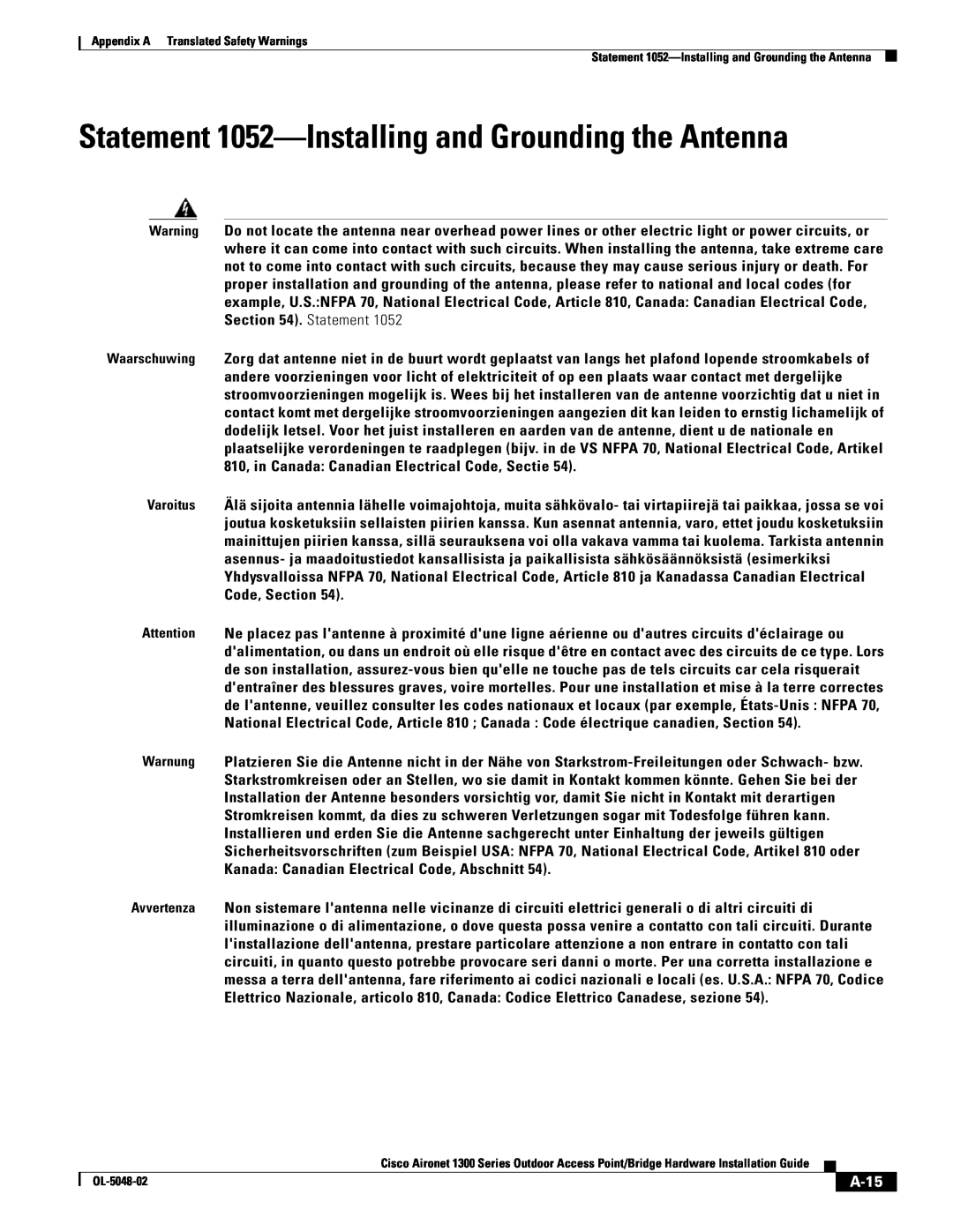 Cisco Systems 1300 Series manual Statement 1052-Installing and Grounding the Antenna, A-15 