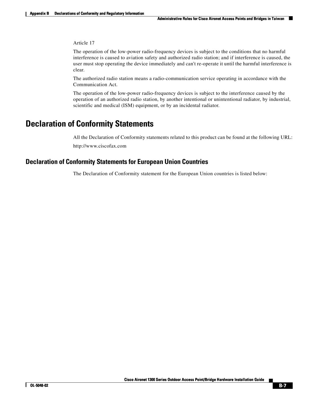 Cisco Systems 1300 Series manual Declaration of Conformity Statements 