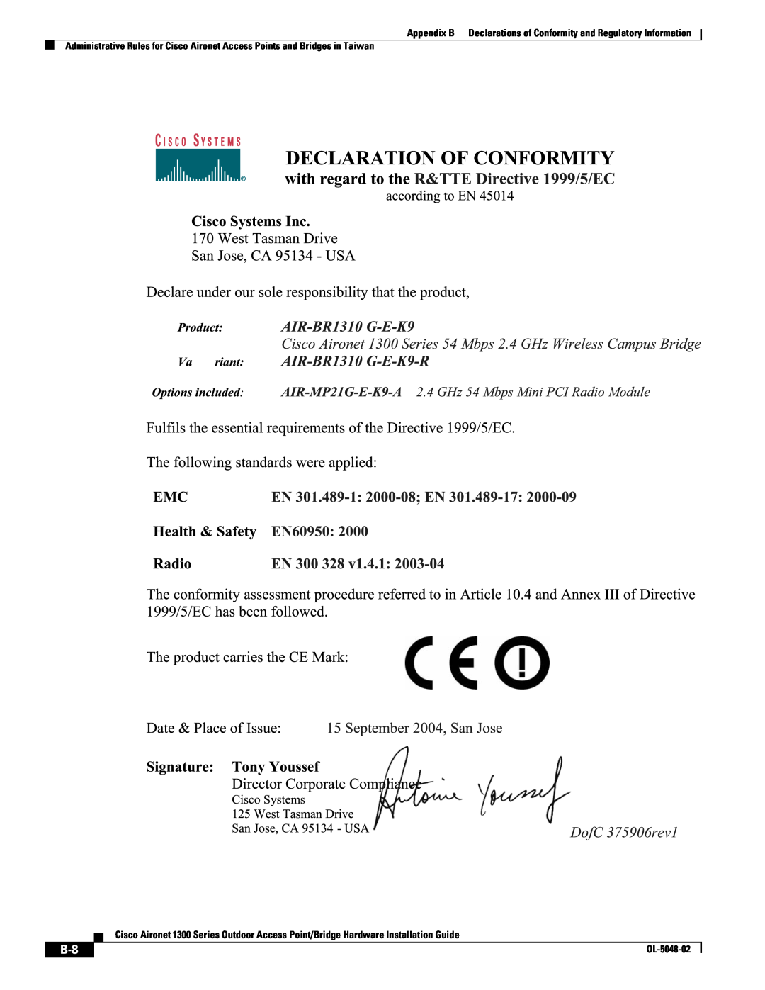 Cisco Systems 1300 Series manual Appendix B Declarations of Conformity and Regulatory Information 