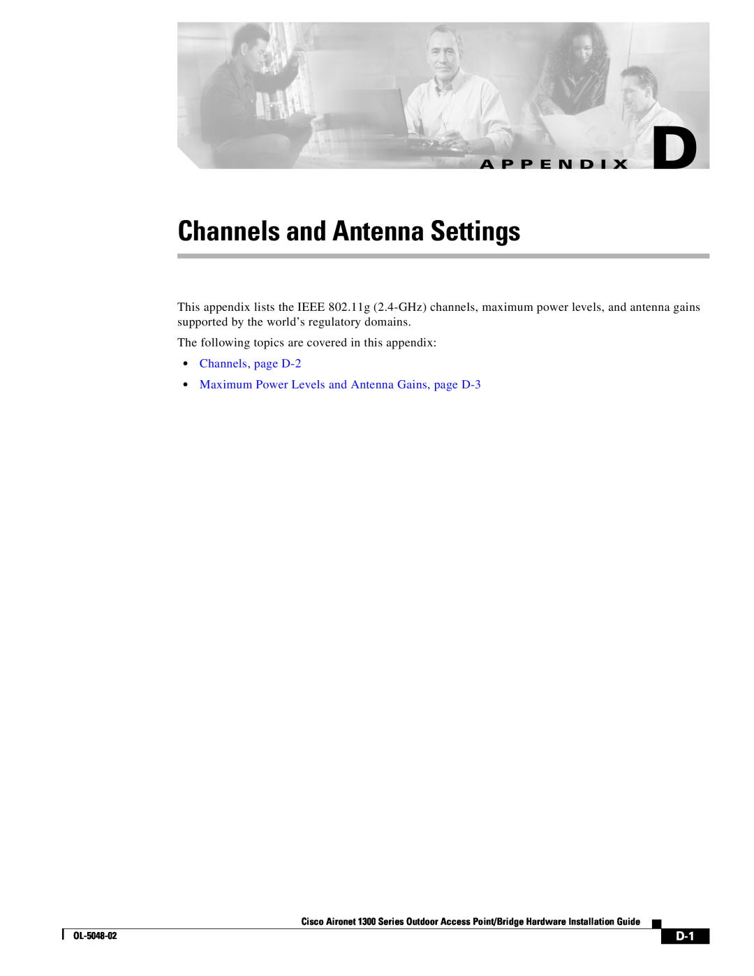 Cisco Systems 1300 Series manual Channels and Antenna Settings, A P P E N D I X D, OL-5048-02 