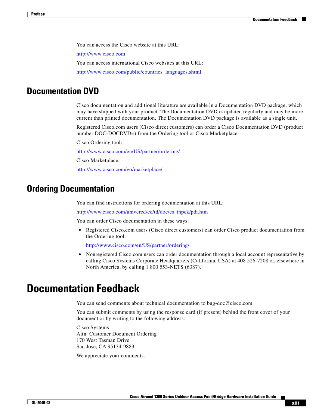 Cisco Systems 1300 Series manual Documentation Feedback, Documentation DVD, Ordering Documentation, xiii 