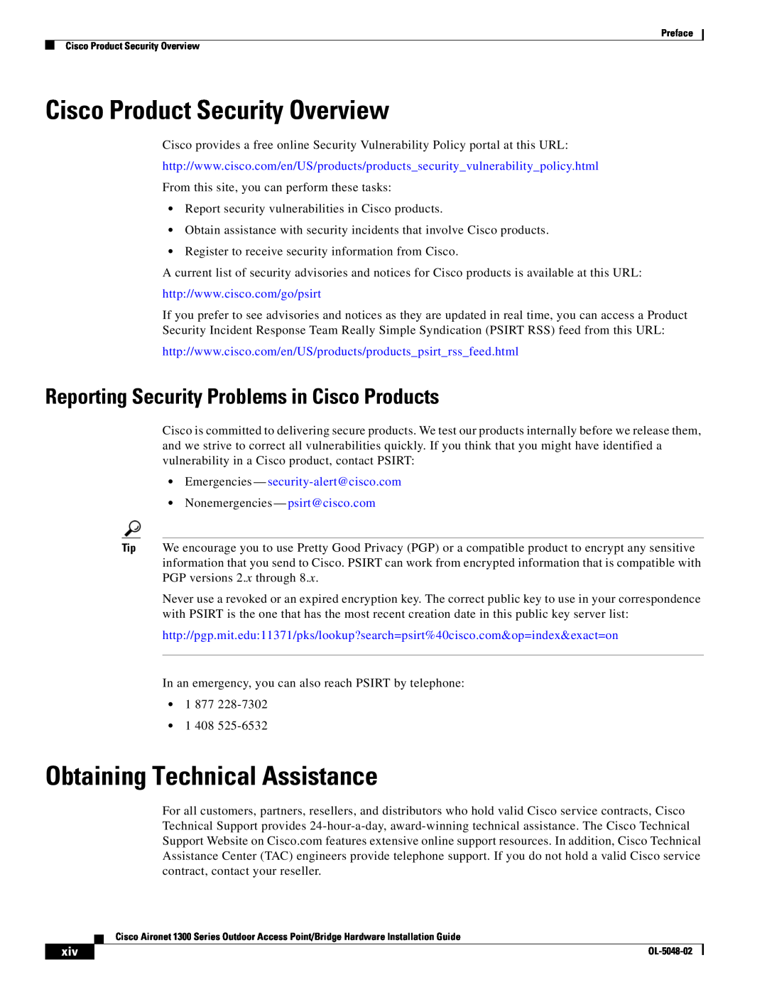 Cisco Systems 1300 Series manual Cisco Product Security Overview, Obtaining Technical Assistance 