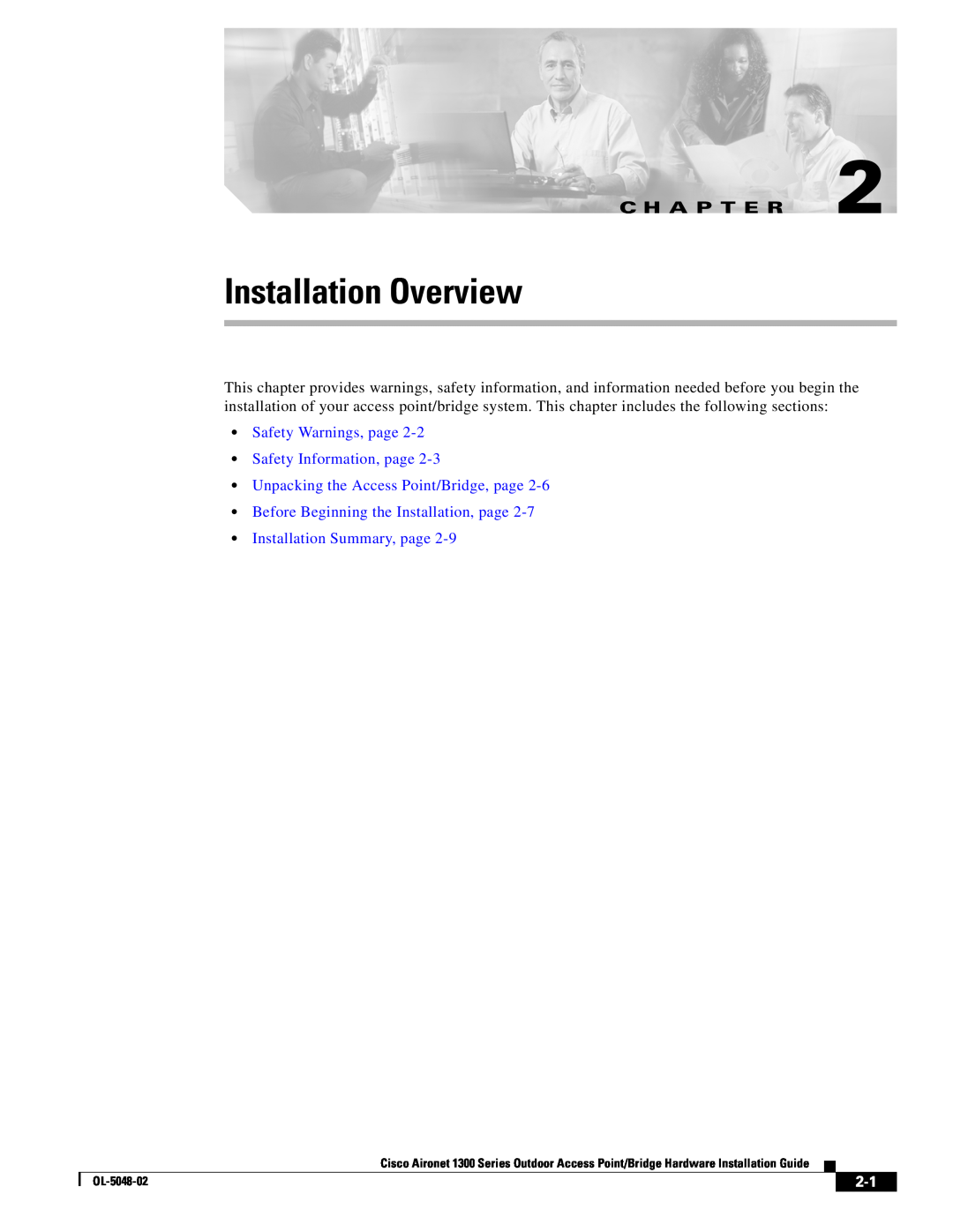 Cisco Systems 1300 Series Installation Overview, Safety Warnings, page Safety Information, page, C H A P T E R, OL-5048-02 