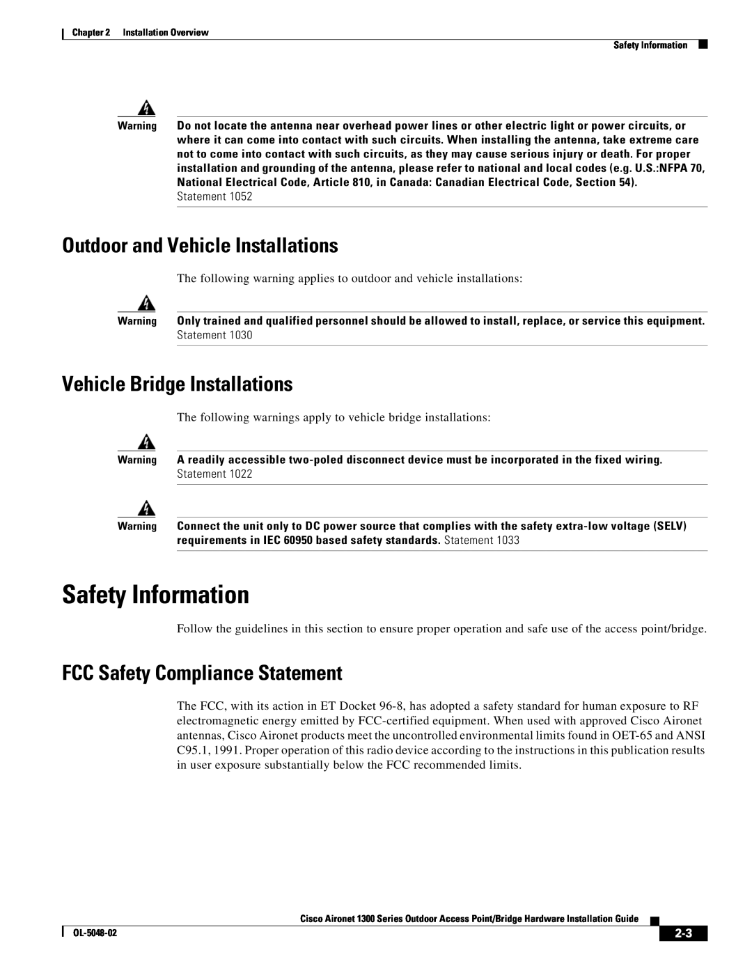 Cisco Systems 1300 Series manual Safety Information, Outdoor and Vehicle Installations, Vehicle Bridge Installations 