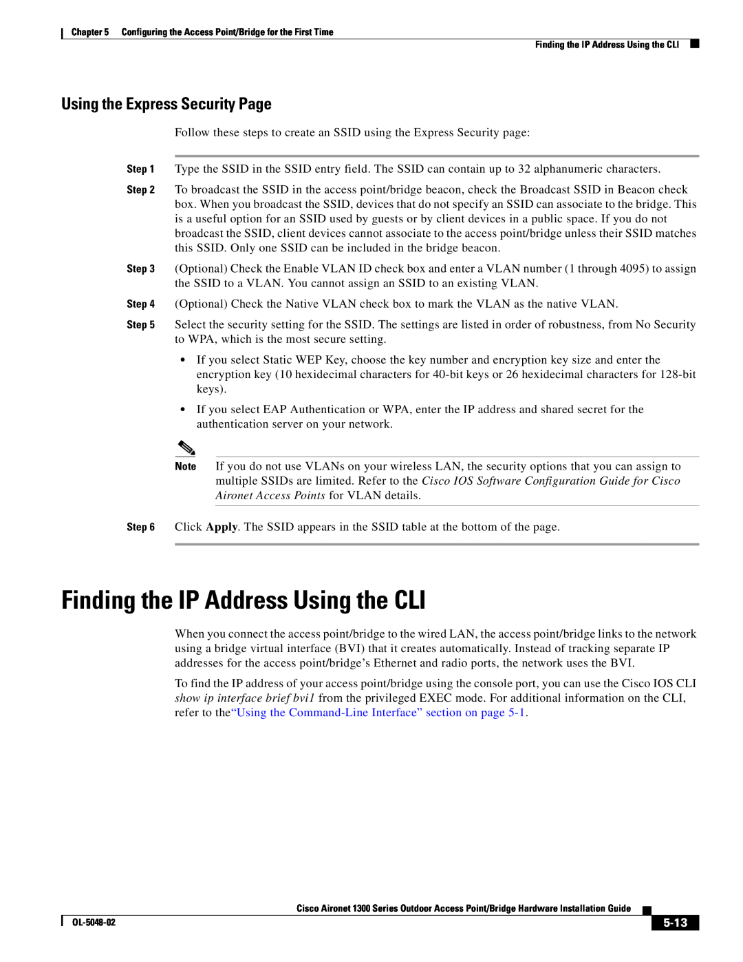 Cisco Systems 1300 Series manual Finding the IP Address Using the CLI, Using the Express Security Page, 5-13 