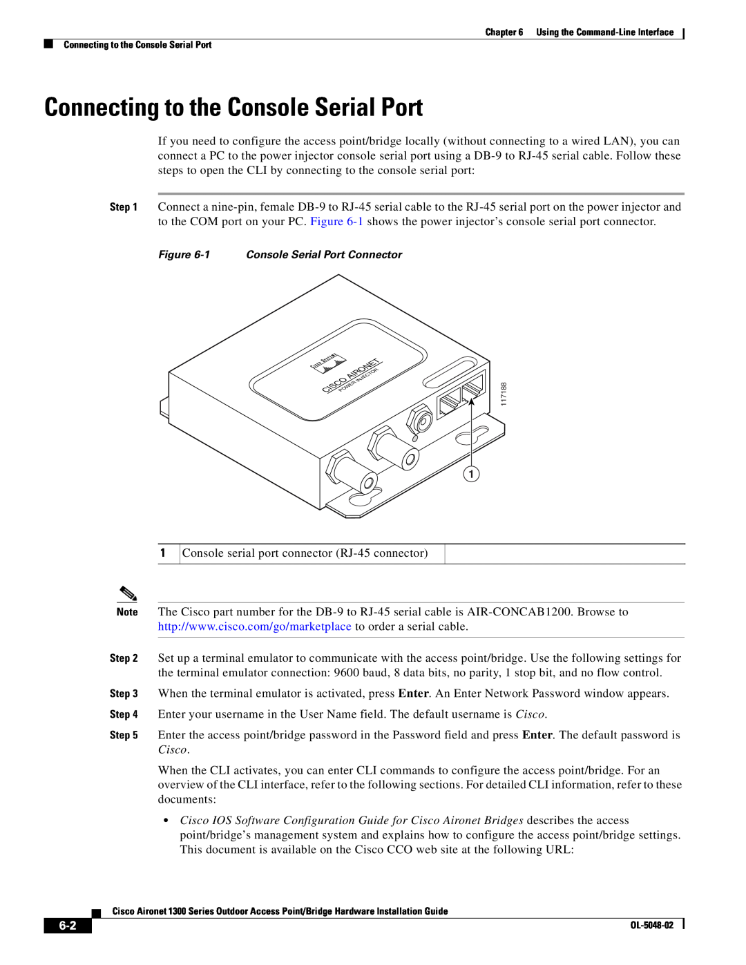Cisco Systems 1300 Series manual Connecting to the Console Serial Port 