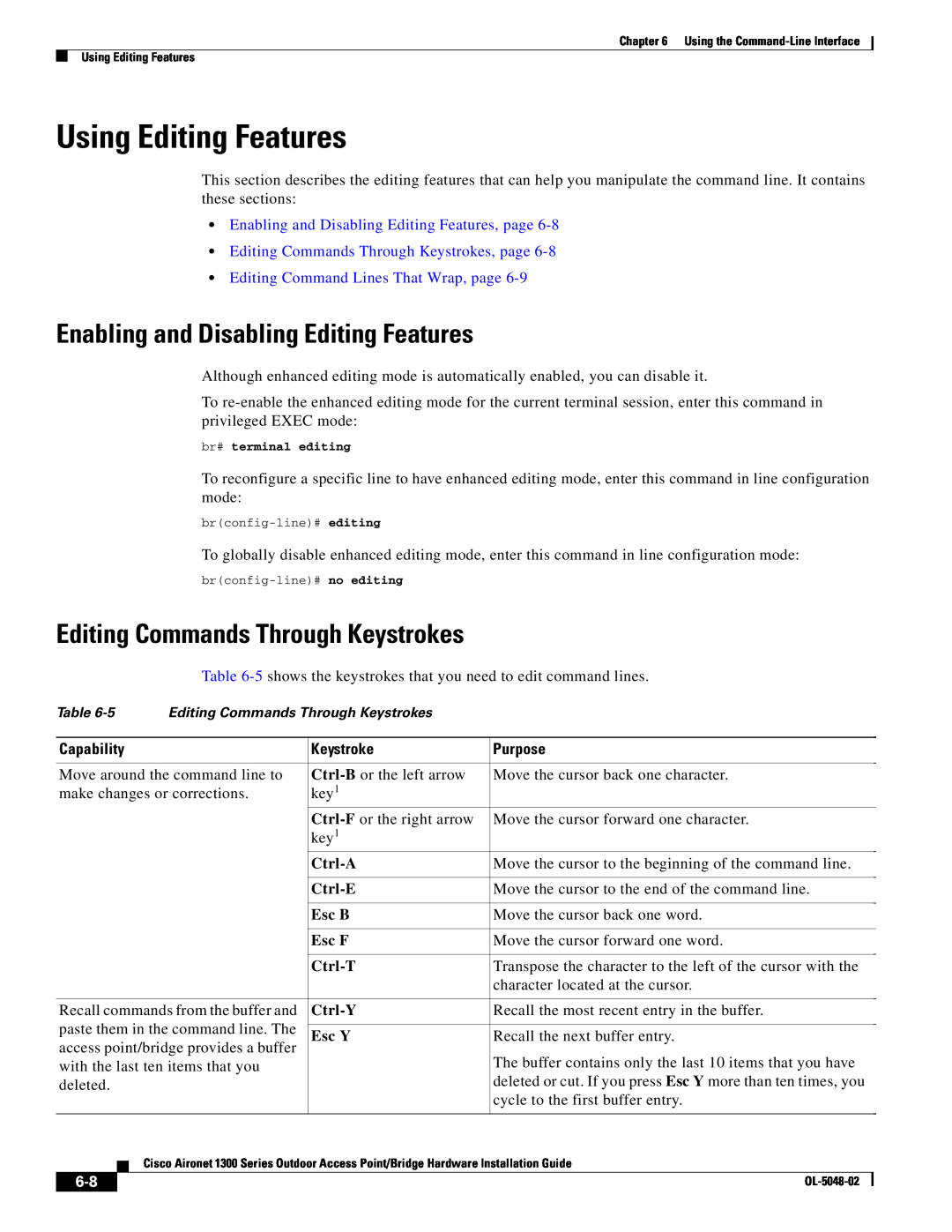 Cisco Systems 1300 Series Using Editing Features, Enabling and Disabling Editing Features, Ctrl-A, Ctrl-E, Esc B, Esc F 