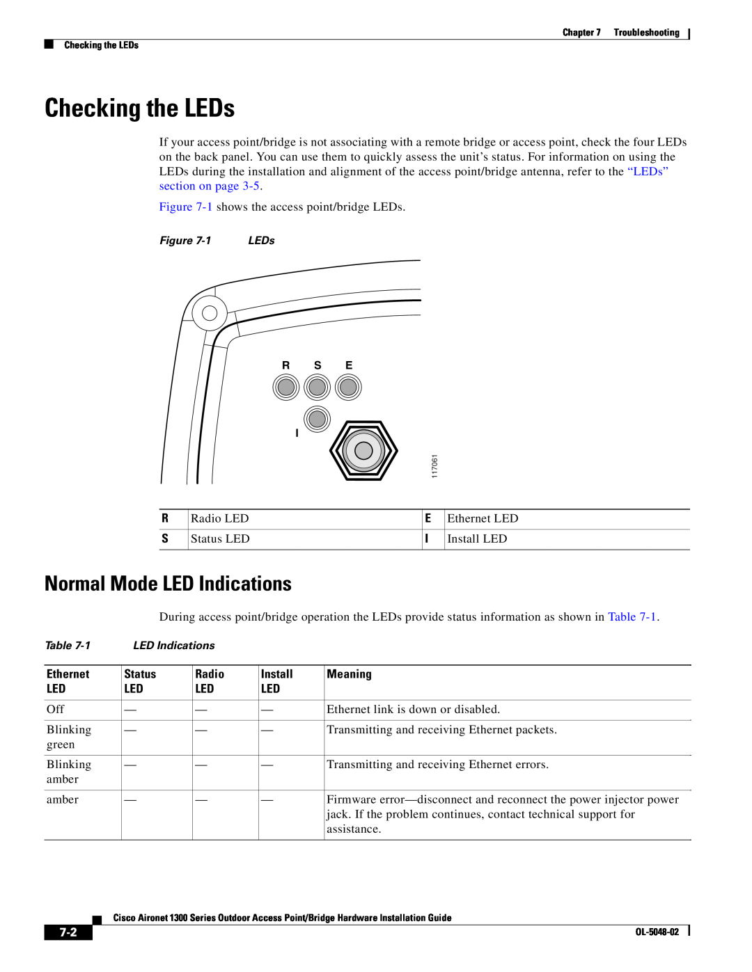 Cisco Systems 1300 Series manual Checking the LEDs, Normal Mode LED Indications 
