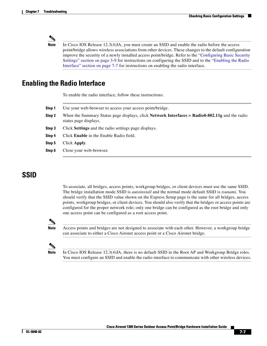 Cisco Systems 1300 Series manual Enabling the Radio Interface, Ssid 