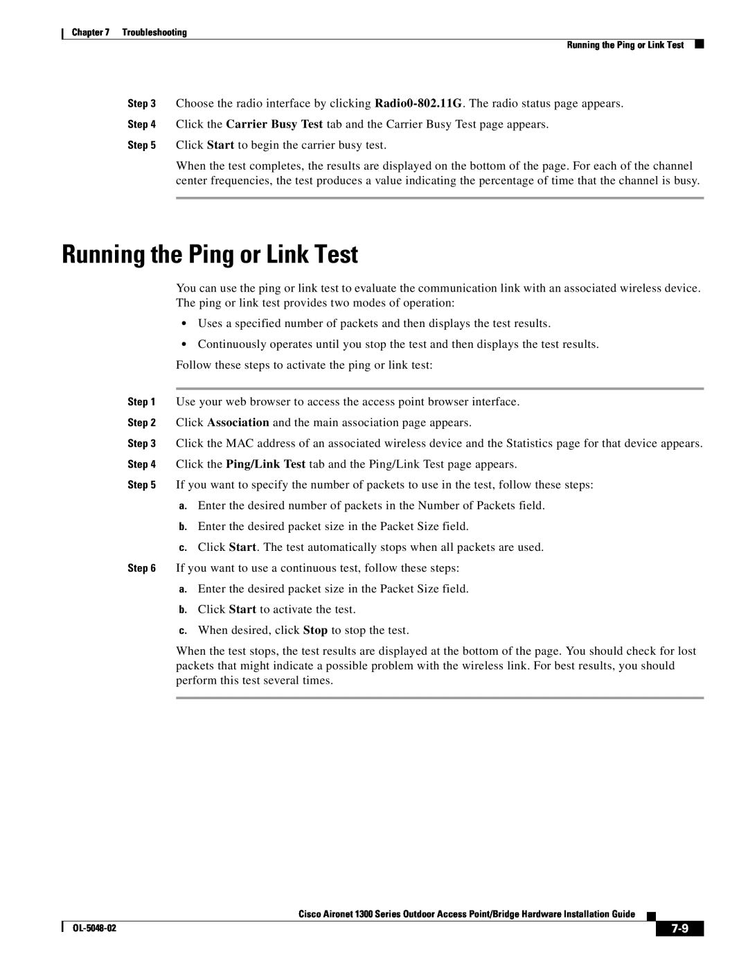 Cisco Systems 1300 Series manual Running the Ping or Link Test 