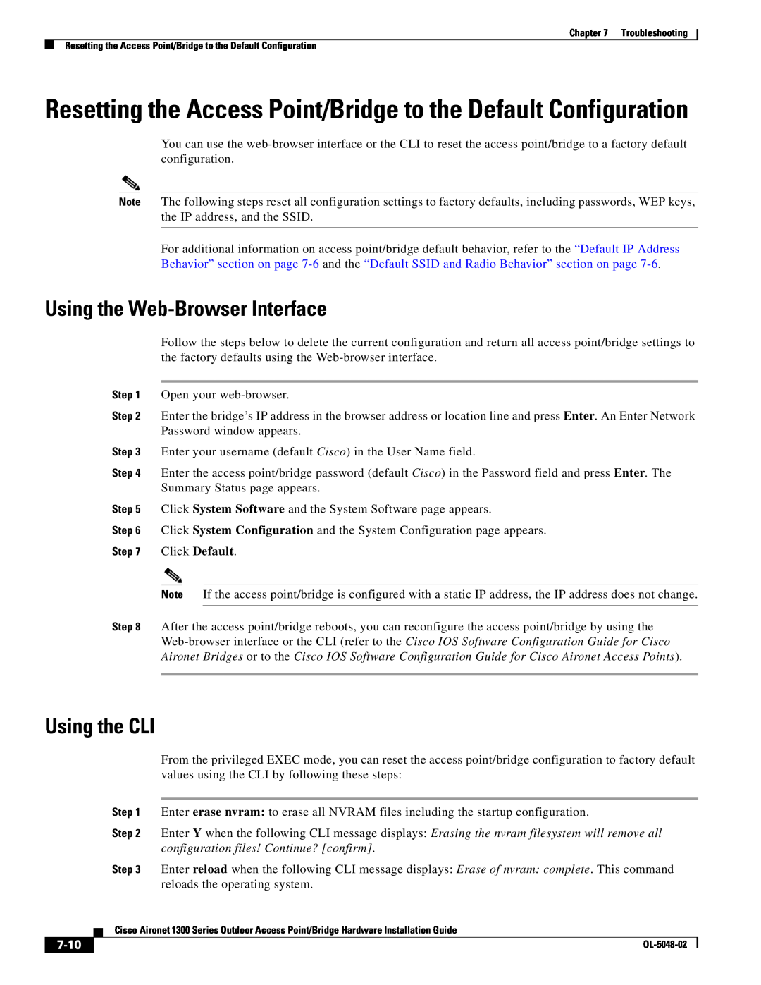 Cisco Systems 1300 Series manual Using the Web-Browser Interface, Using the CLI, 7-10 