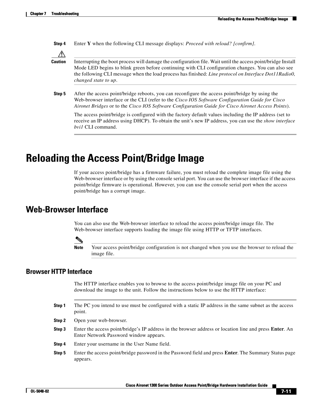 Cisco Systems 1300 Series Reloading the Access Point/Bridge Image, Web-Browser Interface, Browser HTTP Interface, 7-11 