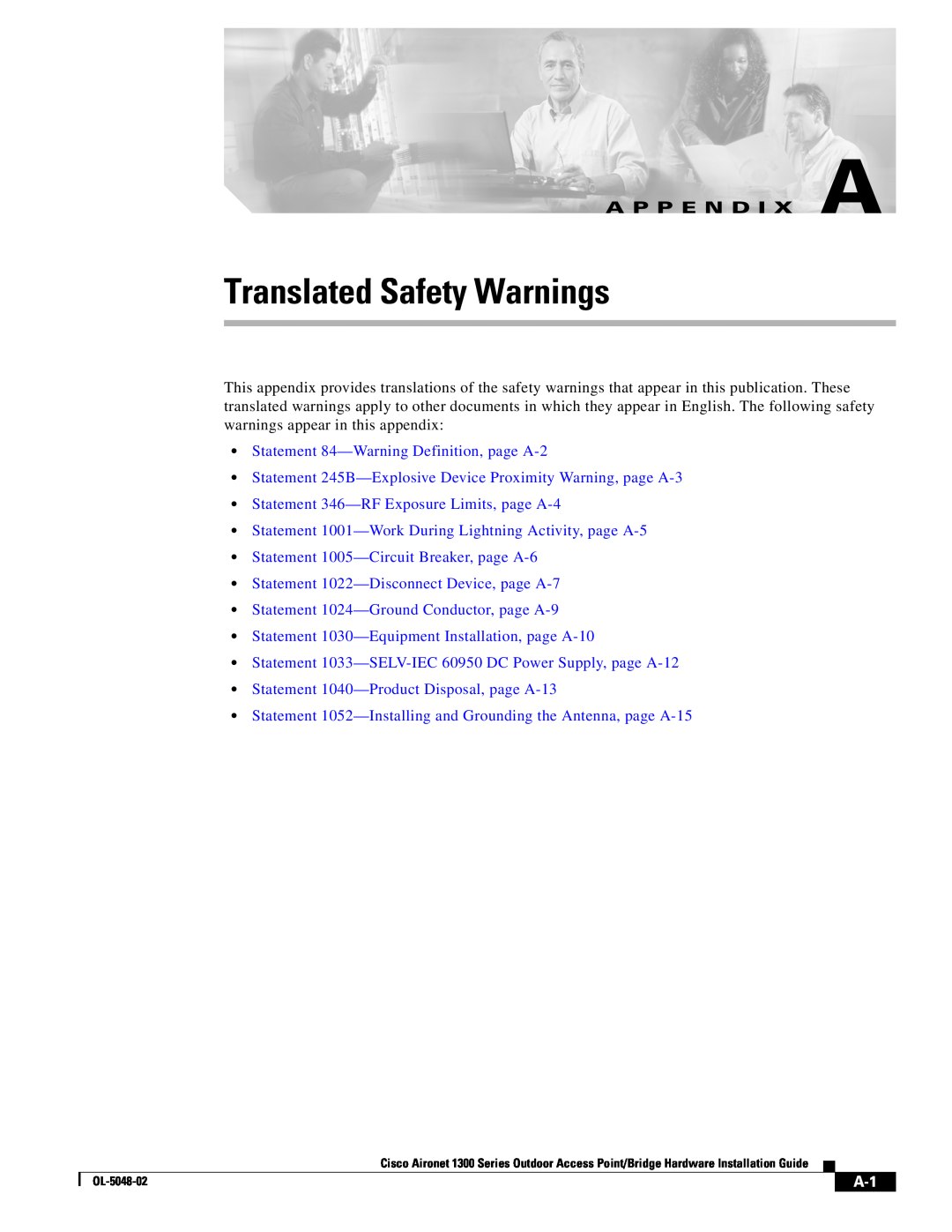 Cisco Systems 1300 Series manual Translated Safety Warnings, A P P E N D I X A, Statement 84-Warning Definition, page A-2 