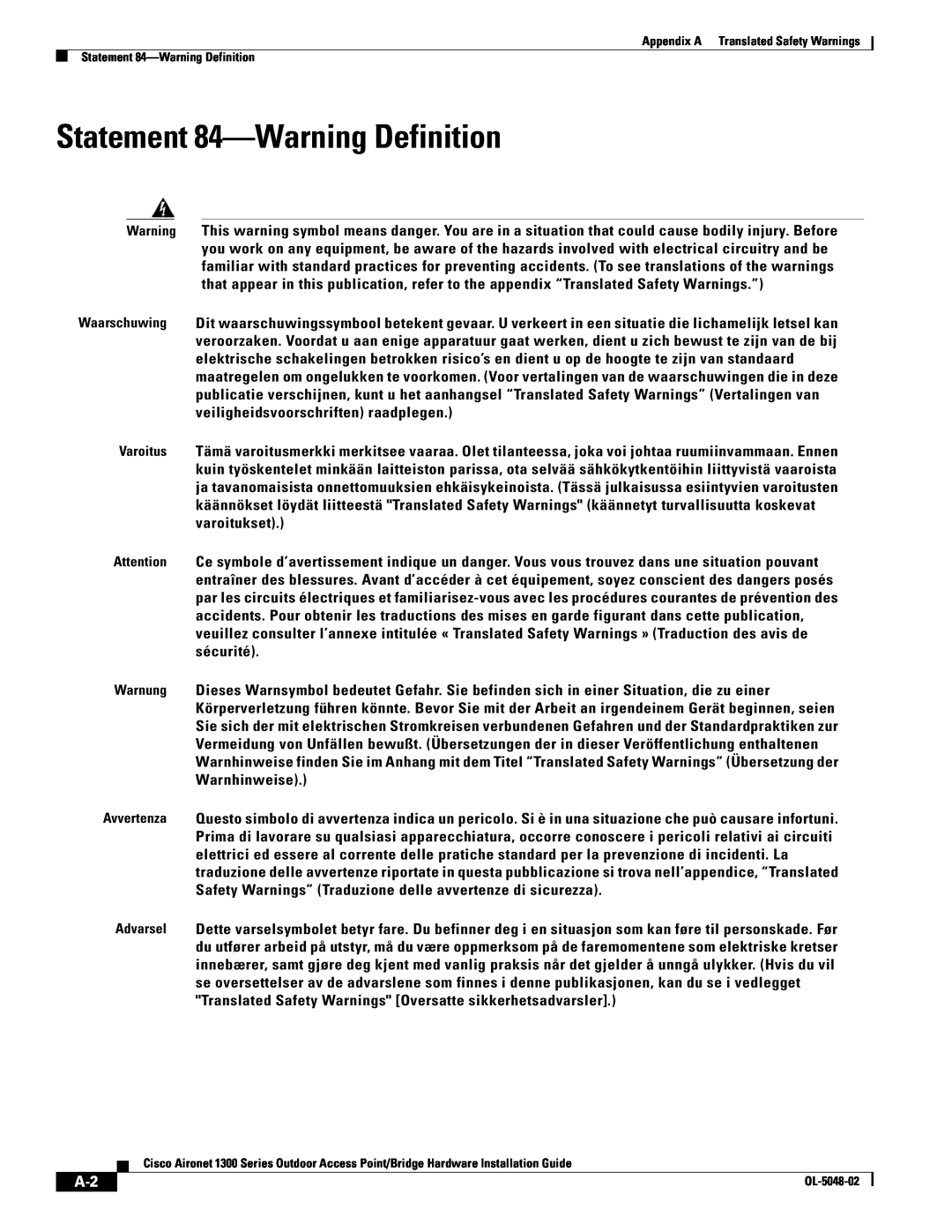 Cisco Systems 1300 Series manual Statement 84-Warning Definition 