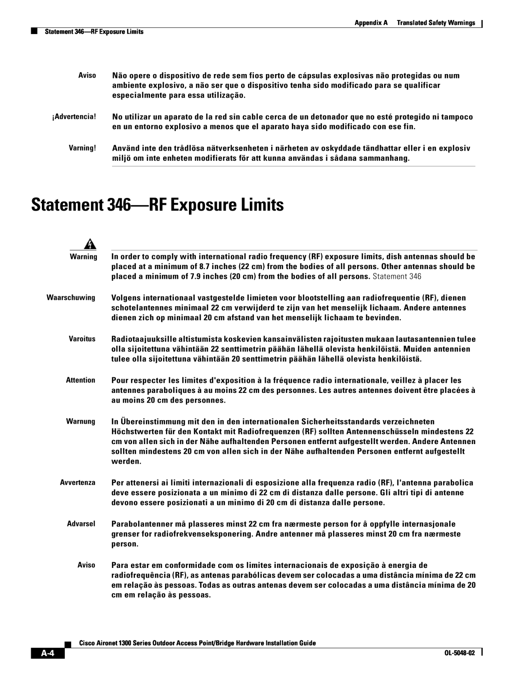 Cisco Systems 1300 Series manual Statement 346-RF Exposure Limits 