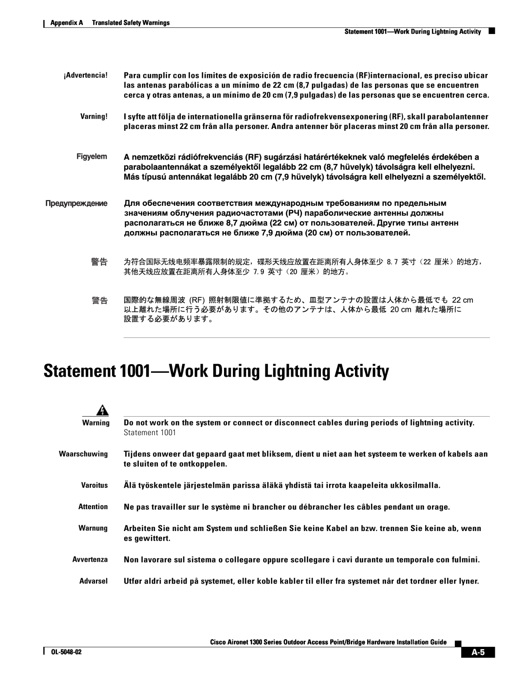 Cisco Systems 1300 Series manual Statement 1001-Work During Lightning Activity 