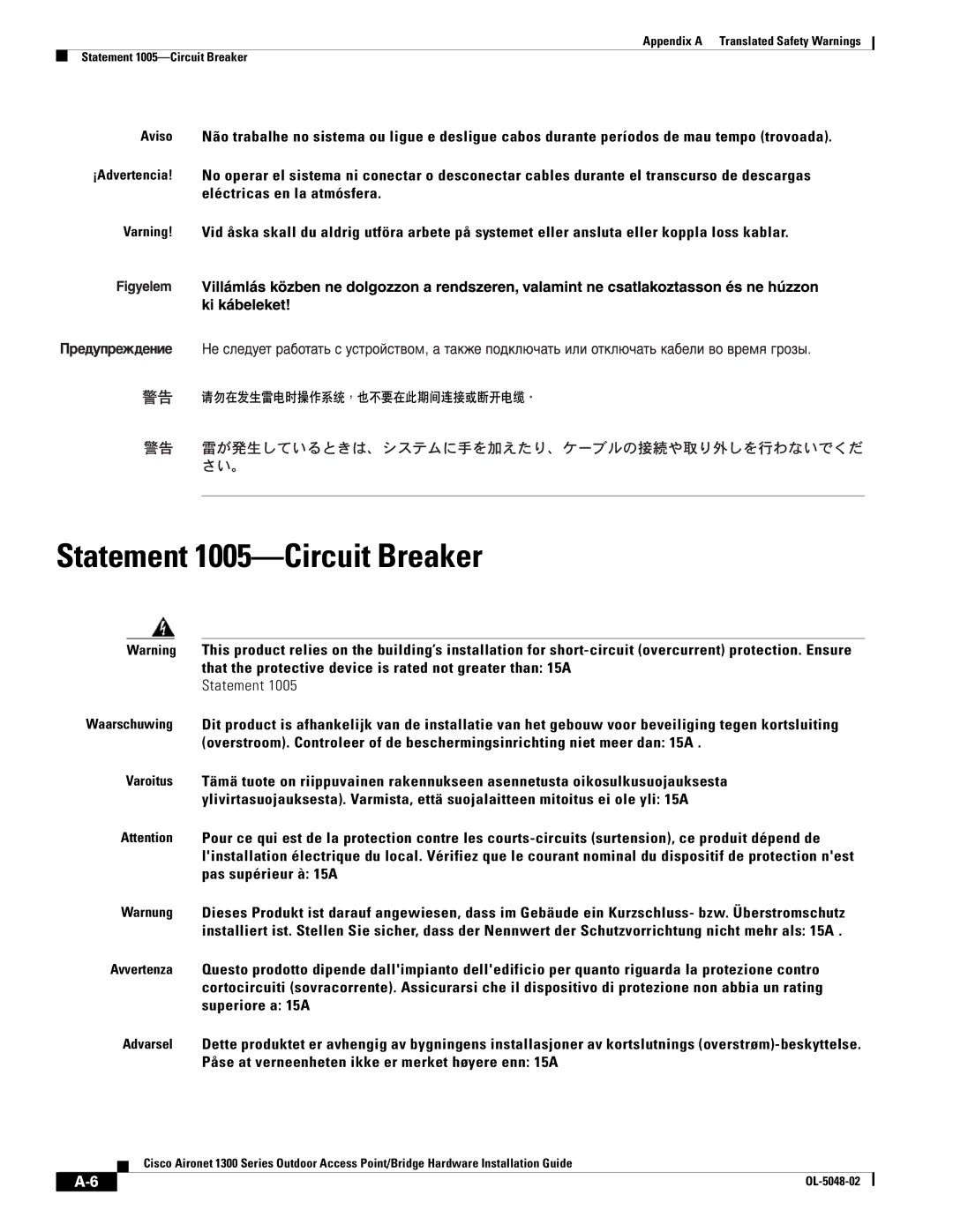 Cisco Systems 1300 Series manual Statement 1005-Circuit Breaker 