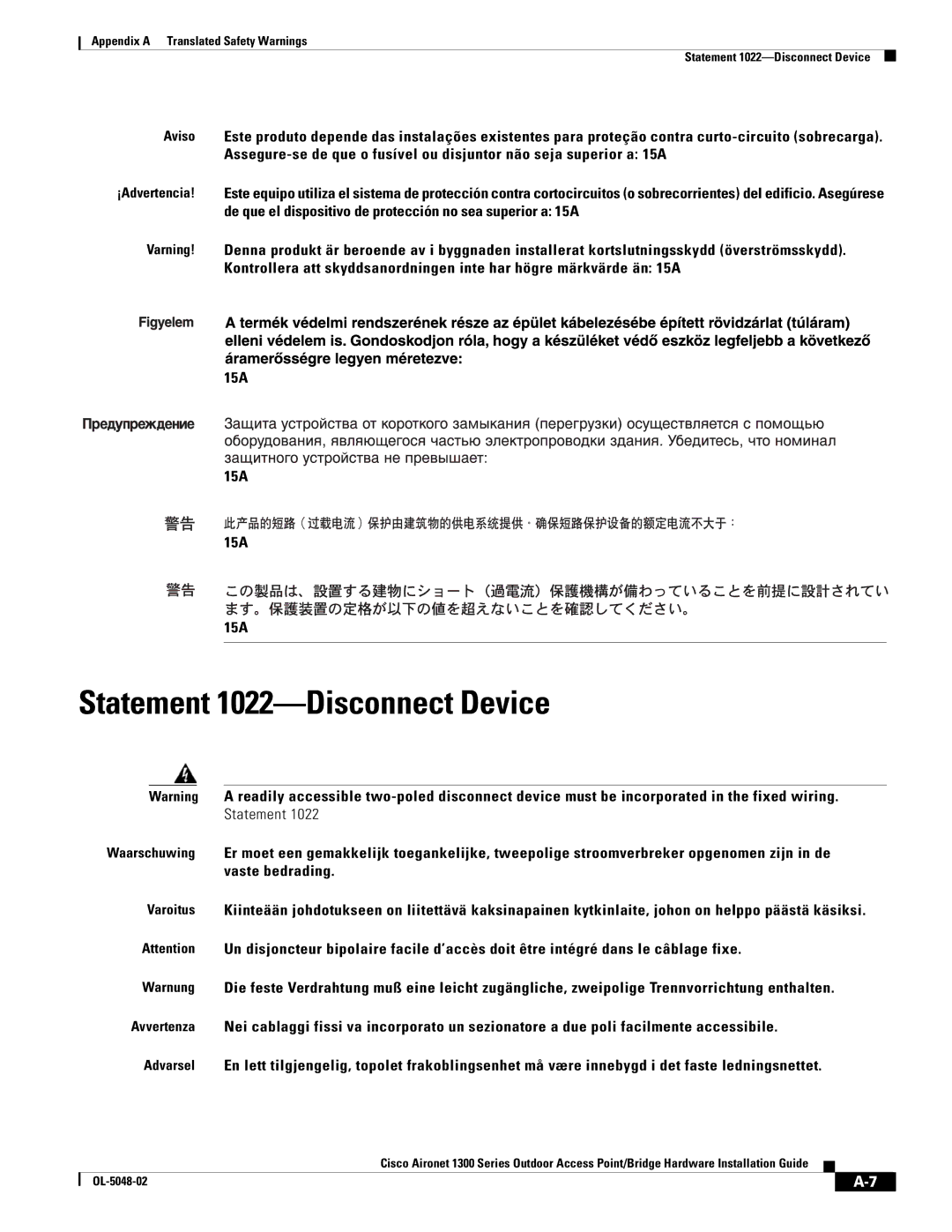 Cisco Systems 1300 Series manual Statement 1022-Disconnect Device, 15A 