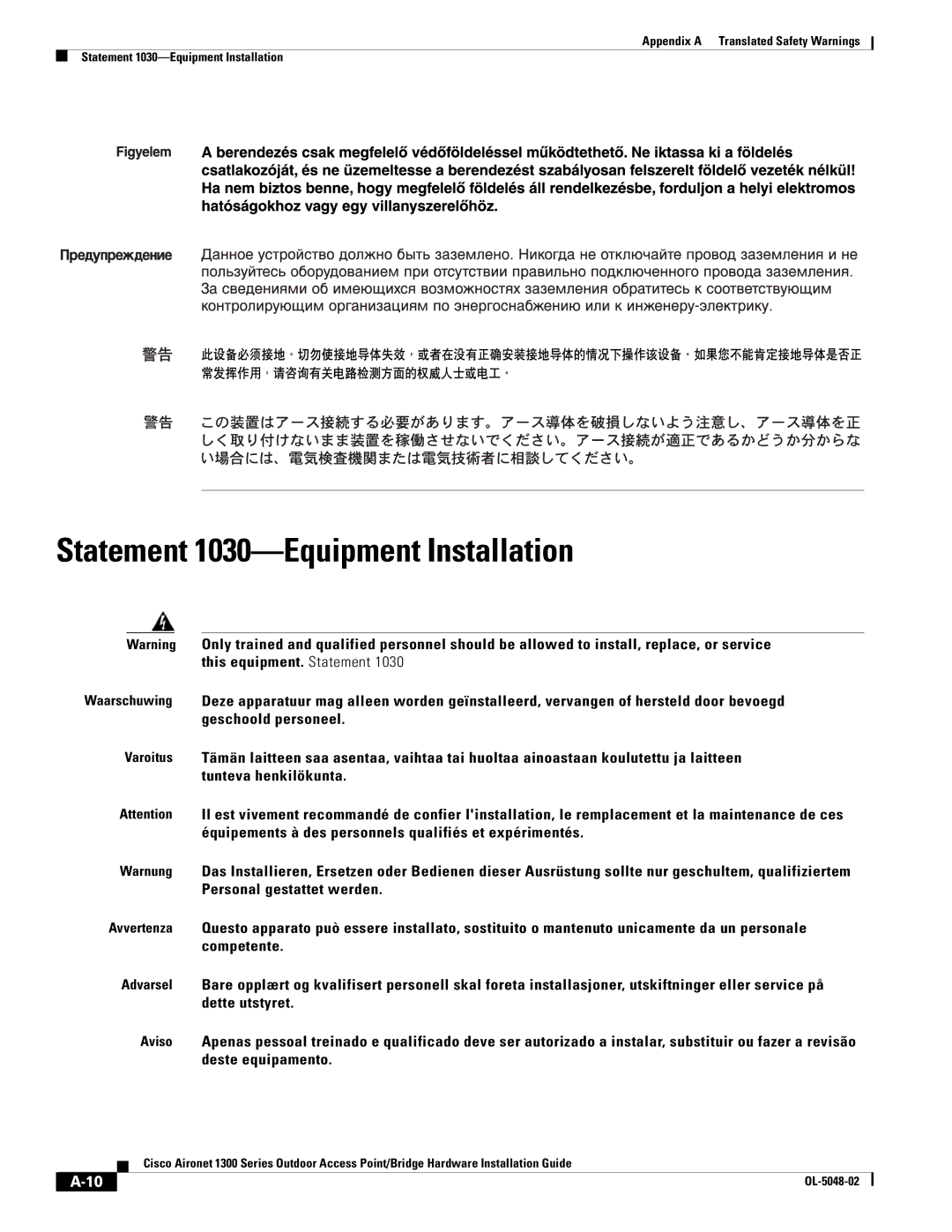 Cisco Systems 1300 Series manual Statement 1030-Equipment Installation 