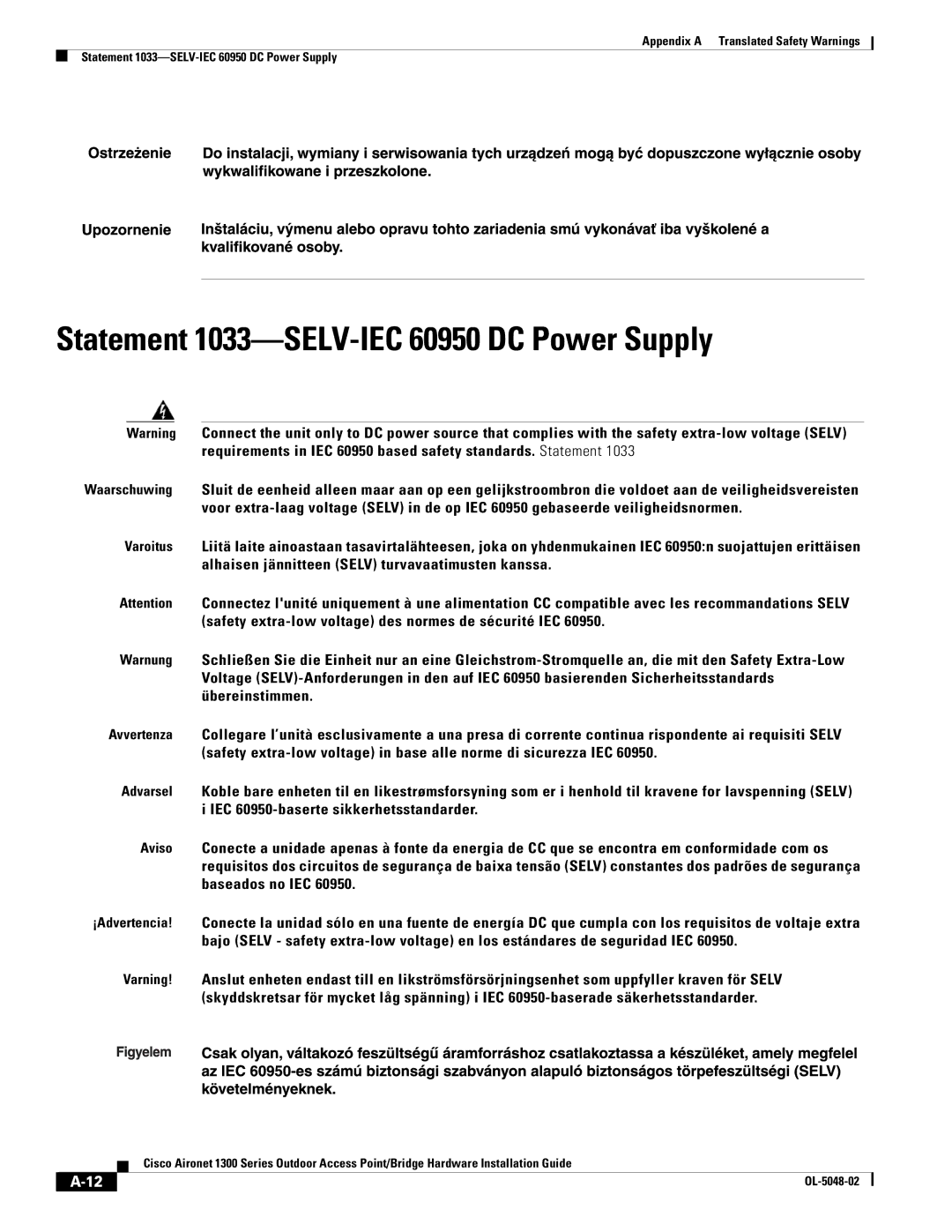 Cisco Systems 1300 Series manual Statement 1033-SELV-IEC 60950 DC Power Supply 