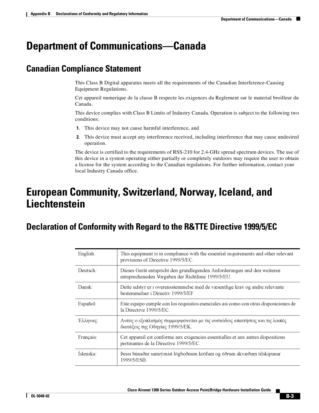 Cisco Systems 1300 Series manual Department of Communications-Canada, Canadian Compliance Statement 