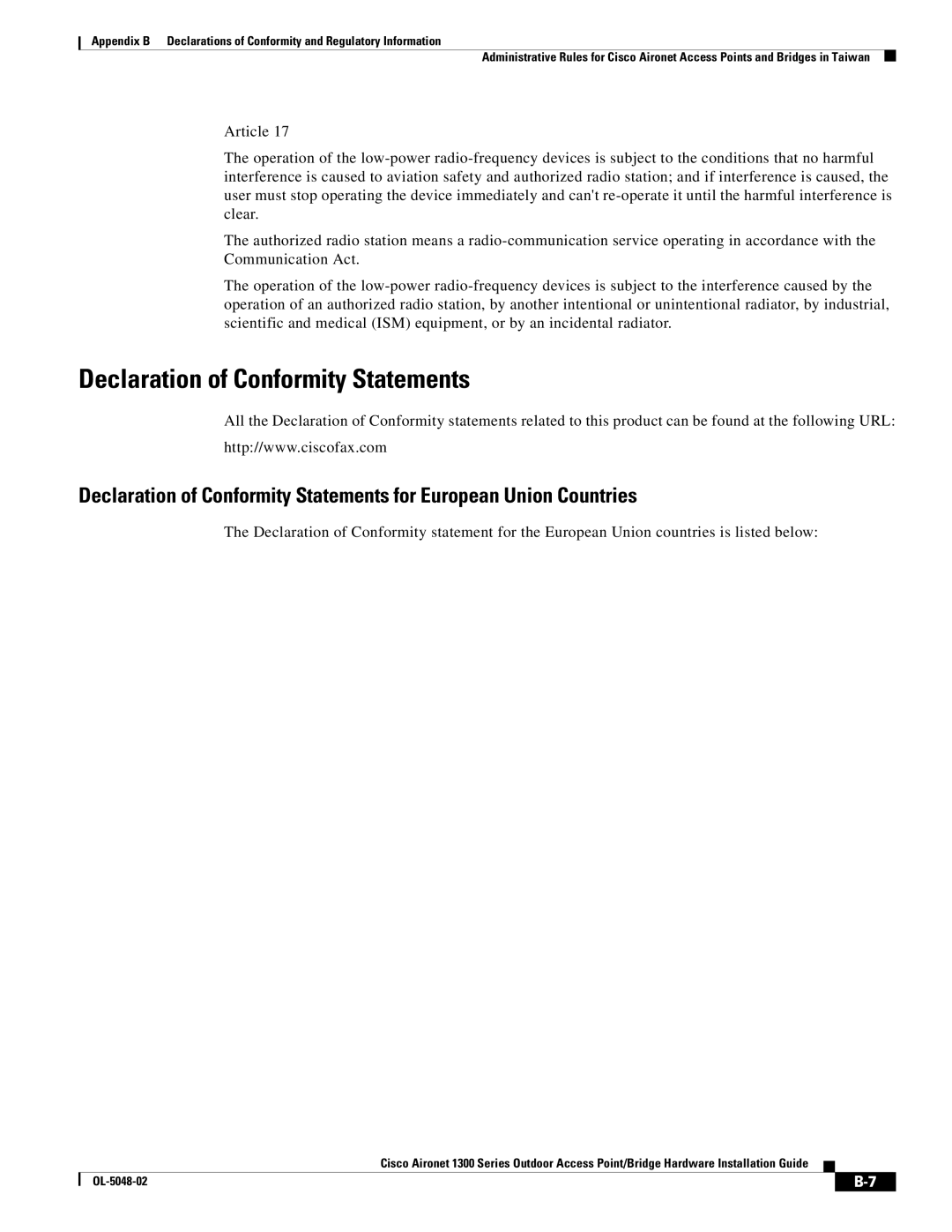 Cisco Systems 1300 Series manual Declaration of Conformity Statements 